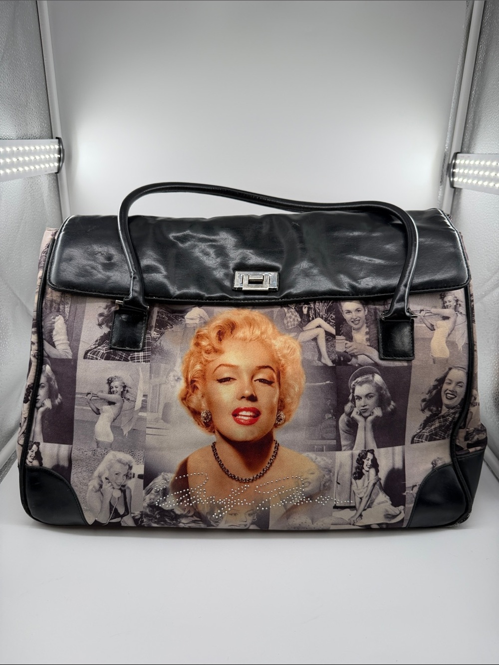 Marilyn Monroe Black Trim Graphic Photo Collage Tote with Blonde Portrait